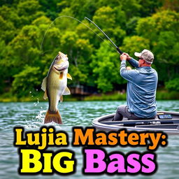 A man confidently casting his fishing rod from a boat, wearing a stylish gray fishing jersey, as a large bass fish leaps dramatically out of the water, perfectly aligned with the fishing line