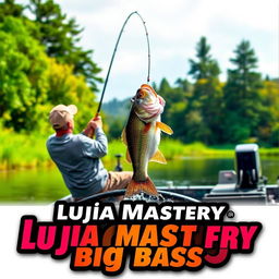 A man confidently casting his fishing rod from a boat, wearing a stylish gray fishing jersey, as a large bass fish leaps dramatically out of the water, perfectly aligned with the fishing line