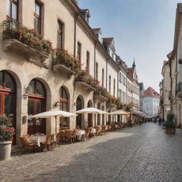 A charming scene of Eastern Europe, with cobblestone streets, beautiful old buildings, and outdoor cafes.