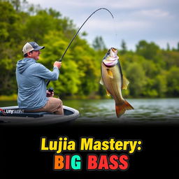 A man confidently casting his fishing rod from a boat, wearing a stylish gray fishing jersey, as a large bass fish leaps dramatically out of the water, perfectly aligned with the fishing line