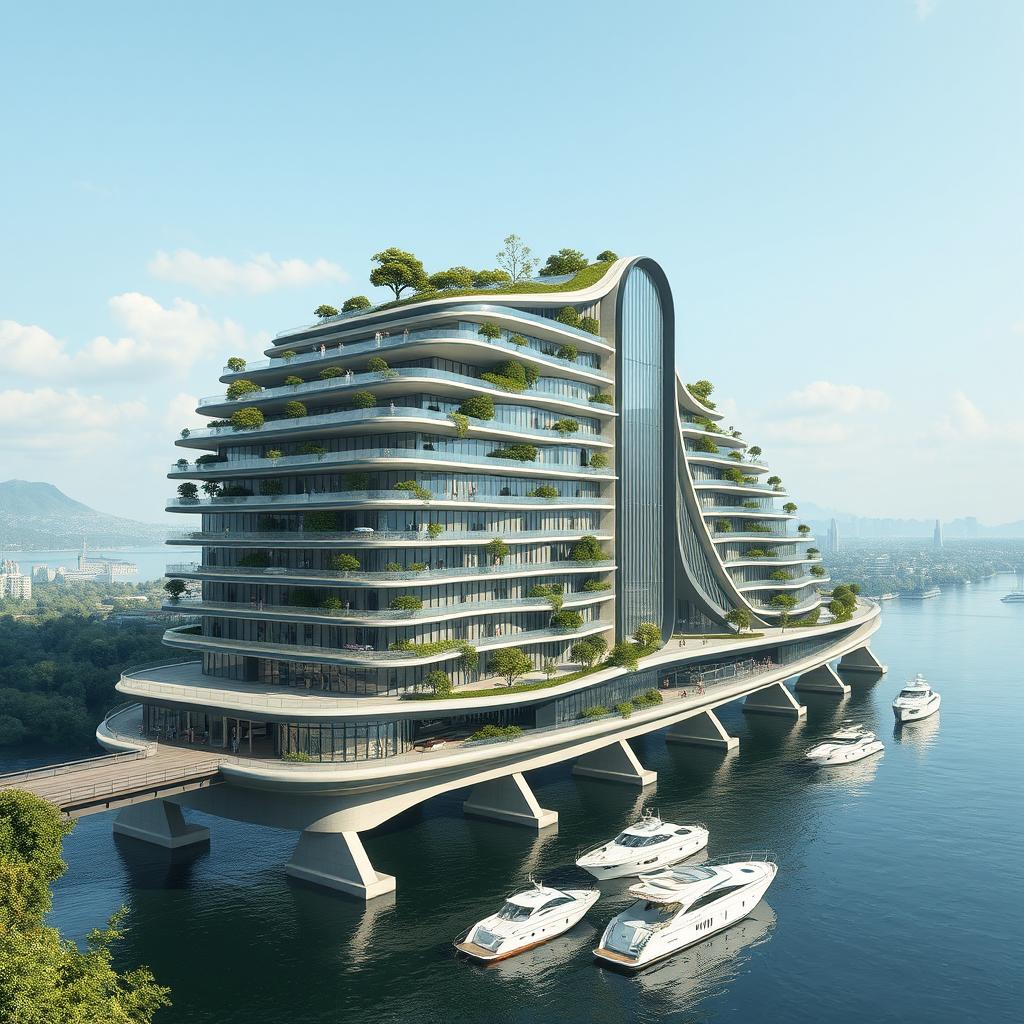 A multi-story building spanning a river, characterized by a towering, bionic, futuristic design