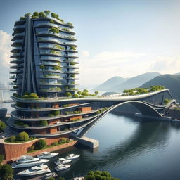 A multi-story building spanning a river, characterized by a towering, bionic, futuristic design