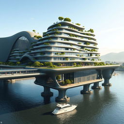 A multi-story building spanning a river, characterized by a towering, bionic, futuristic design