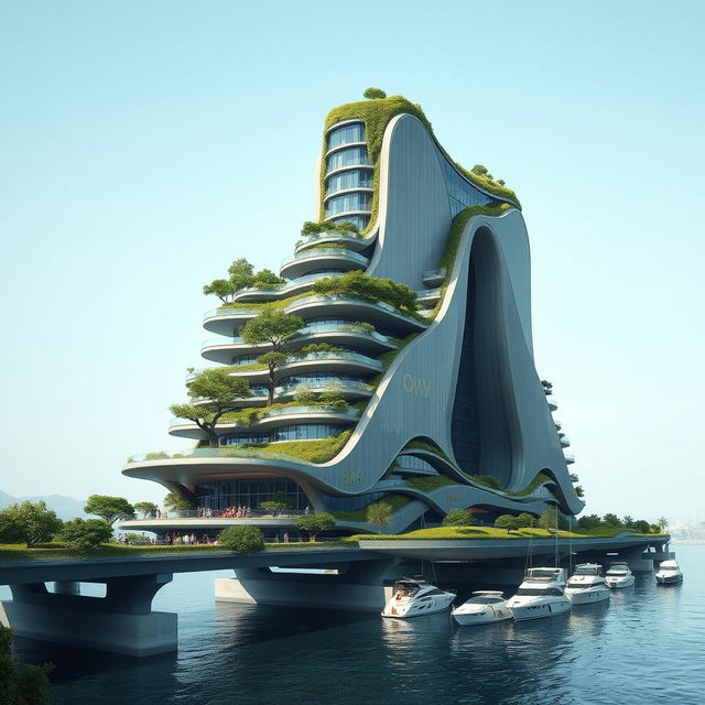 A multi-story building spanning a river, characterized by a towering, bionic, futuristic design