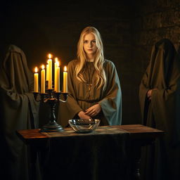 A female blonde priest in a medieval, dimly lit church, her hair cascading gently over her shoulders