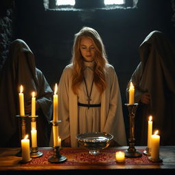 A female blonde priest in a medieval, dimly lit church, her hair cascading gently over her shoulders