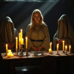 A female blonde priest in a medieval, dimly lit church, her hair cascading gently over her shoulders