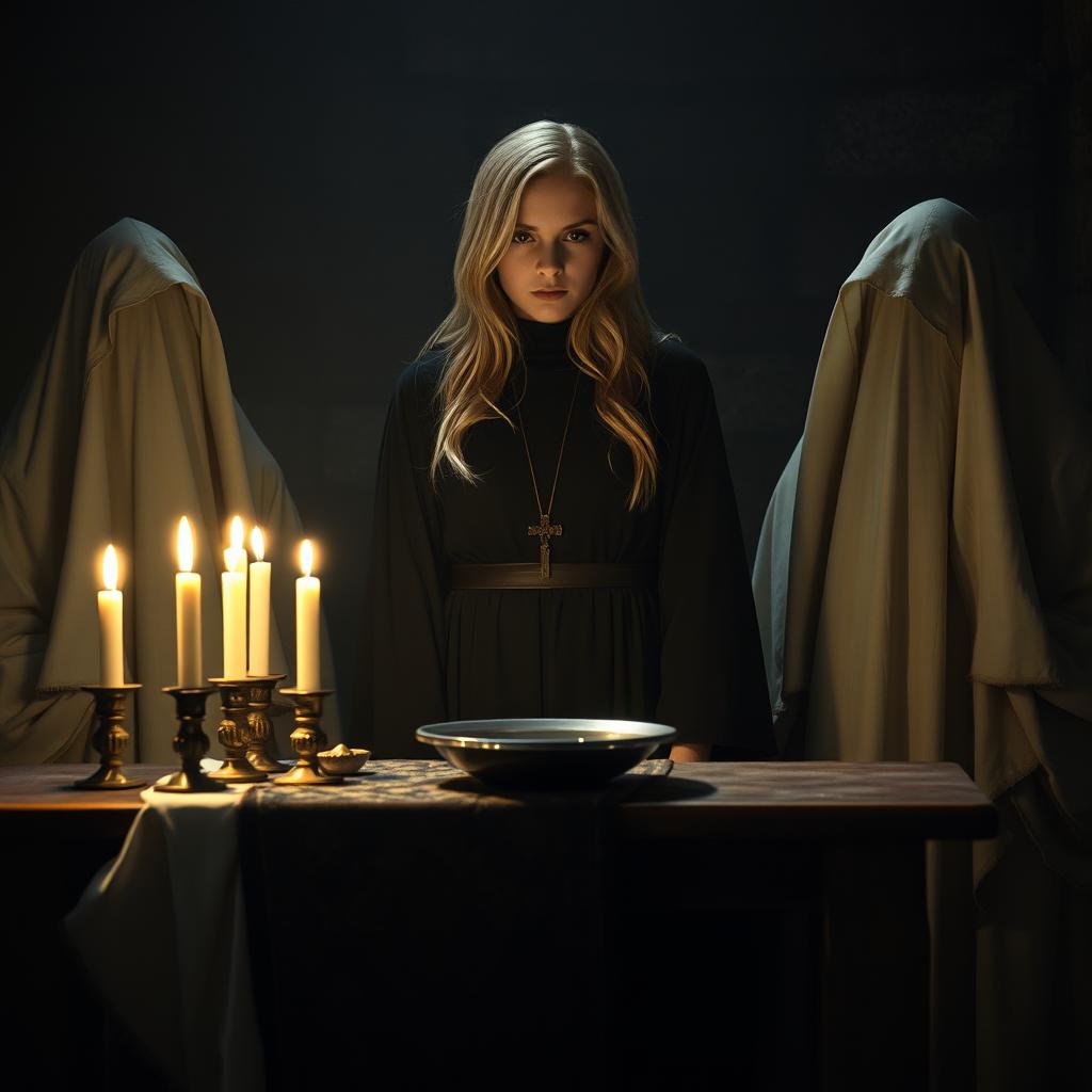 A female blonde priest in a medieval, dimly lit church, her hair cascading gently over her shoulders