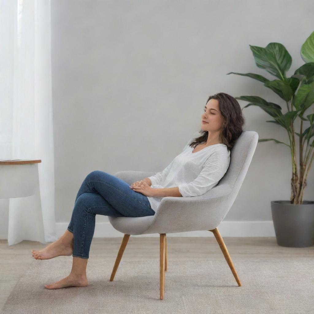 A woman sitting comfortably on a chair, providing a sense of tranquility.