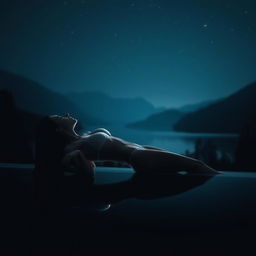 An artistic and realistic photo of a young, slender woman in a bikini, lying on her back sideways