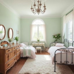 A serene bedroom designed for two girls, decorated in soft pastel light green and pink hues