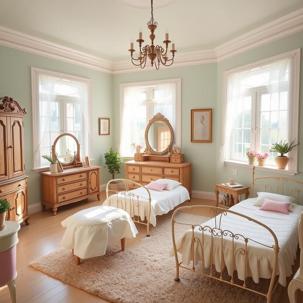 A serene bedroom designed for two girls, decorated in soft pastel light green and pink hues