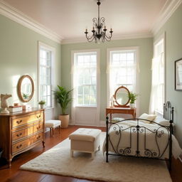 A serene bedroom designed for two girls, decorated in soft pastel light green and pink hues