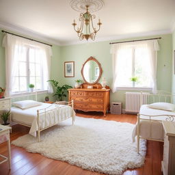 A serene bedroom designed for two girls, decorated in soft pastel light green and pink hues