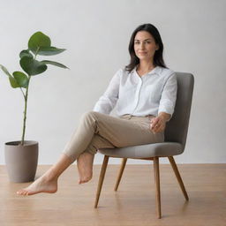 A woman sitting comfortably on a chair, providing a sense of tranquility.