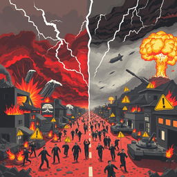 A dramatic illustration of a global disaster scene, depicting chaos and panic with people screaming and running through the streets of a destroyed city