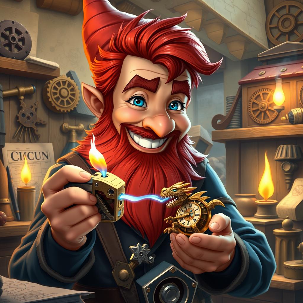 In a fantastical Dungeons & Dragons setting, a ruddy tan, red-haired male rock gnome artificer with striking sapphire-blue eyes, a red beard, and mustache is beaming with joy