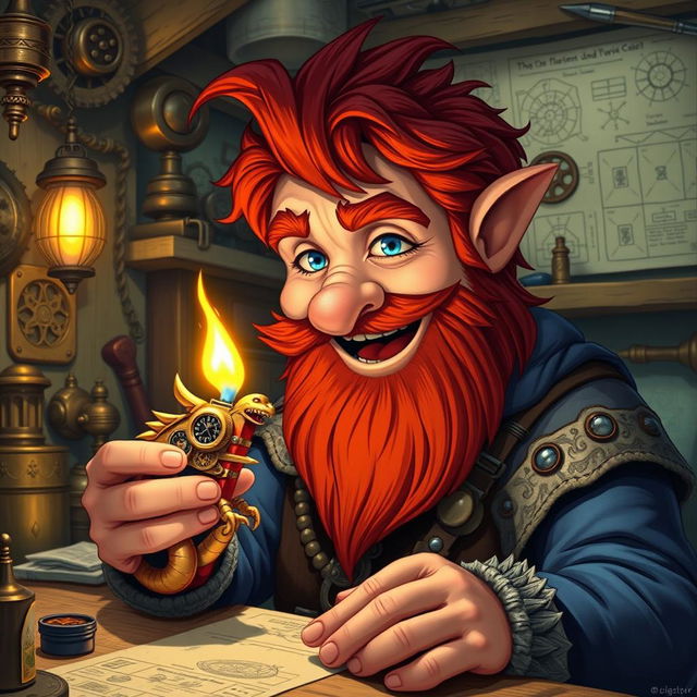 In a fantastical Dungeons & Dragons setting, a ruddy tan, red-haired male rock gnome artificer with striking sapphire-blue eyes, a red beard, and mustache is beaming with joy