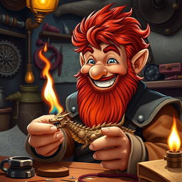 In a fantastical Dungeons & Dragons setting, a ruddy tan, red-haired male rock gnome artificer with striking sapphire-blue eyes, a red beard, and mustache is beaming with joy