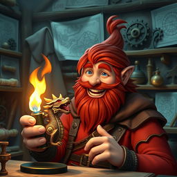 In a fantastical Dungeons & Dragons setting, a ruddy tan, red-haired male rock gnome artificer with striking sapphire-blue eyes, a red beard, and mustache is beaming with joy