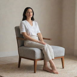 A woman sitting comfortably on a chair, providing a sense of tranquility.