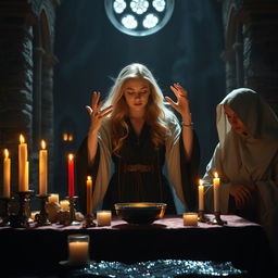 A female blonde priest in a medieval fantasy dimly lit church casts a spell, her hands gracefully weaving through the air