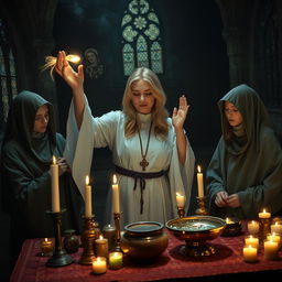 A female blonde priest in a medieval fantasy dimly lit church casts a spell, her hands gracefully weaving through the air