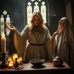 A female blonde priest in a medieval fantasy dimly lit church casts a spell, her hands gracefully weaving through the air