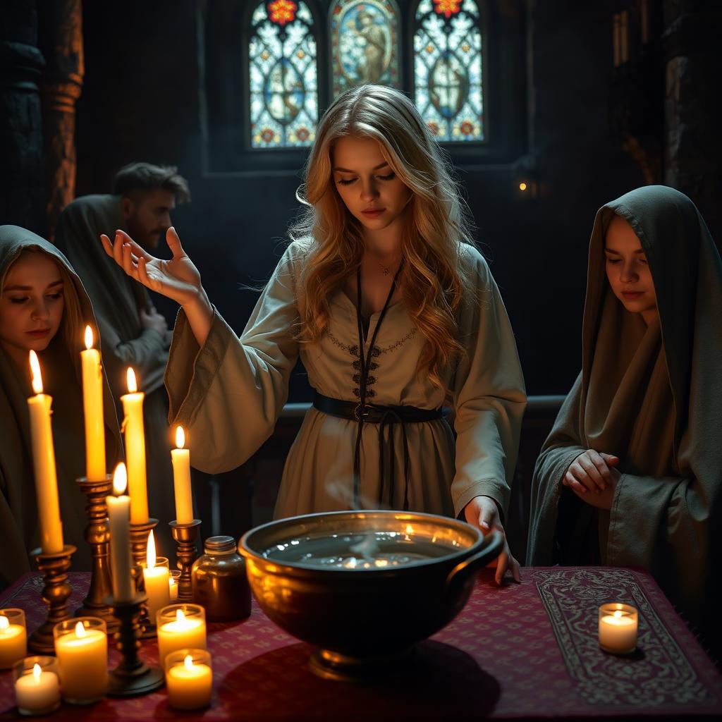 A female blonde priest in a medieval fantasy dimly lit church casts a spell, her hands gracefully weaving through the air