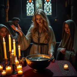 A female blonde priest in a medieval fantasy dimly lit church casts a spell, her hands gracefully weaving through the air