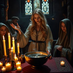 A female blonde priest in a medieval fantasy dimly lit church casts a spell, her hands gracefully weaving through the air