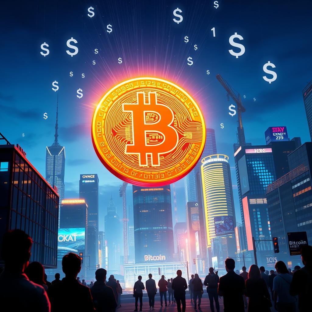 A symbolic representation of Bitcoin halving, featuring a giant shining Bitcoin symbol against a backdrop of a digital cityscape