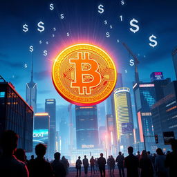 A symbolic representation of Bitcoin halving, featuring a giant shining Bitcoin symbol against a backdrop of a digital cityscape