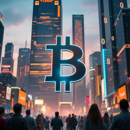 A symbolic representation of Bitcoin halving, featuring a giant shining Bitcoin symbol against a backdrop of a digital cityscape