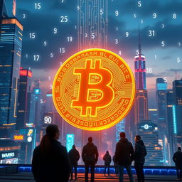 A symbolic representation of Bitcoin halving, featuring a giant shining Bitcoin symbol against a backdrop of a digital cityscape