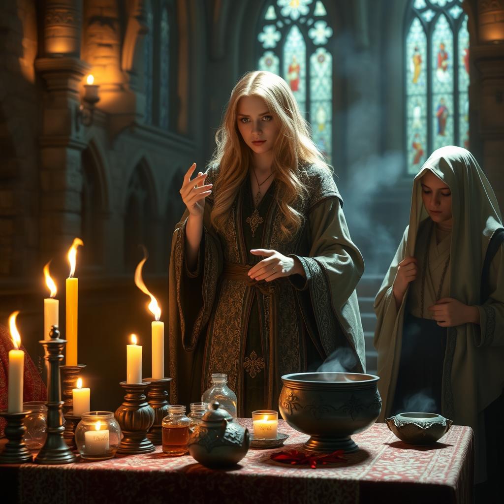 A female blonde priest, depicted in a Dungeons and Dragons (DND) style, stands in a medieval fantasy dimly lit church casting a spell