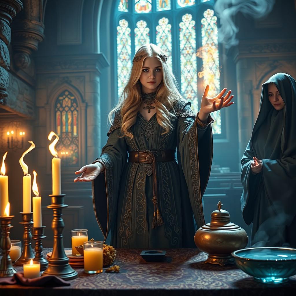 A female blonde priest, depicted in a Dungeons and Dragons (DND) style, stands in a medieval fantasy dimly lit church casting a spell