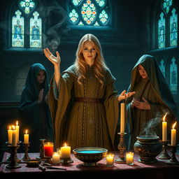 A female blonde priest, depicted in a Dungeons and Dragons (DND) style, stands in a medieval fantasy dimly lit church casting a spell