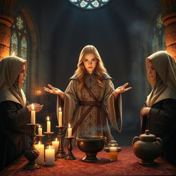 A female blonde priest, depicted in a Dungeons and Dragons (DND) style, stands in a medieval fantasy dimly lit church casting a spell