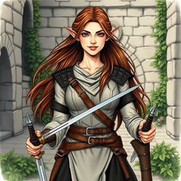 A beautiful elf with long, flowing hair and striking features, dressed in medieval training attire designed for agility and combat, set in a style reminiscent of a book illustration