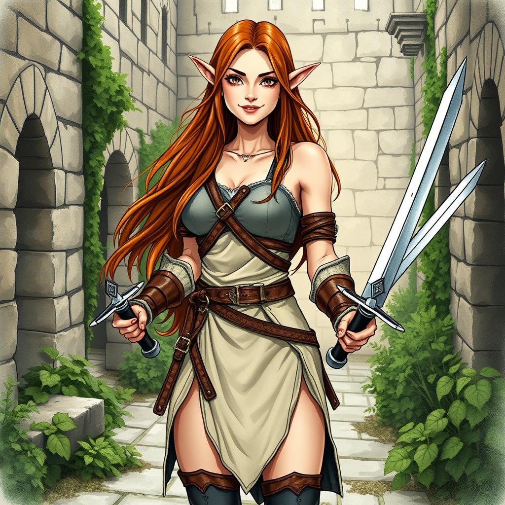 A beautiful elf with long, flowing hair and striking features, dressed in medieval training attire designed for agility and combat, set in a style reminiscent of a book illustration