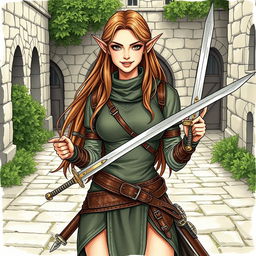 A beautiful elf with long, flowing hair and striking features, dressed in medieval training attire designed for agility and combat, set in a style reminiscent of a book illustration