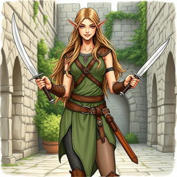 A beautiful elf with long, flowing hair and striking features, dressed in medieval training attire designed for agility and combat, set in a style reminiscent of a book illustration