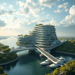 A multi-story building spans across a river, seamlessly integrating into both riverbanks, functioning simultaneously as a bridge