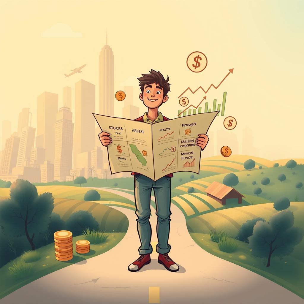 An expressive illustration representing the journey of a modest investor, depicted as the "primo pobre" (poor cousin) entering the world of investments