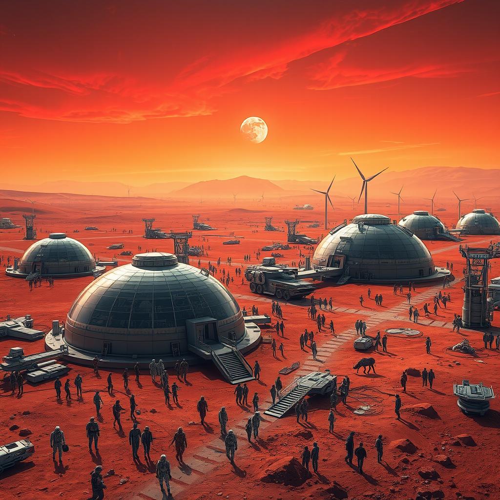 A sprawling Martian colony inhabited by humans, showcasing futuristic architecture with transparent domes and sleek metal structures, against the backdrop of the red Martian landscape