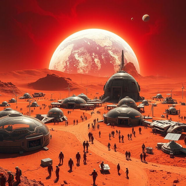 A sprawling Martian colony inhabited by humans, showcasing futuristic architecture with transparent domes and sleek metal structures, against the backdrop of the red Martian landscape