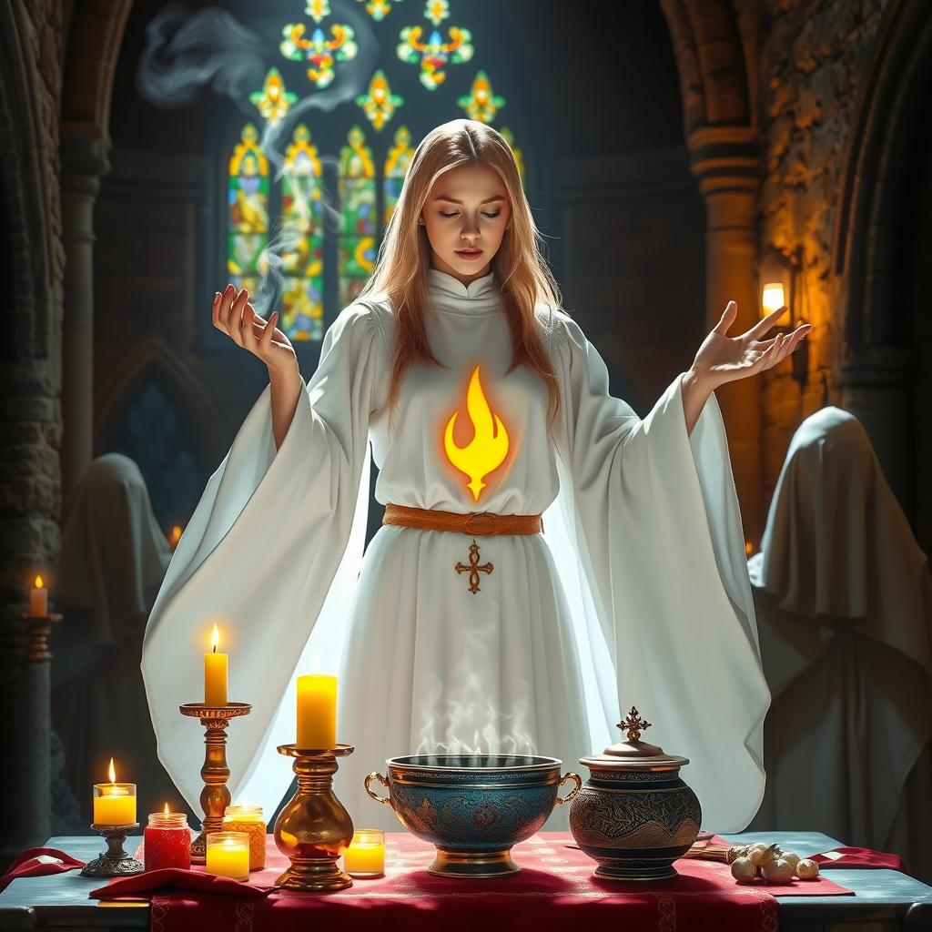 A female blonde priest, styled in a Dungeons and Dragons (DND) aesthetic, is within a medieval fantasy dimly lit church, gracefully casting a spell