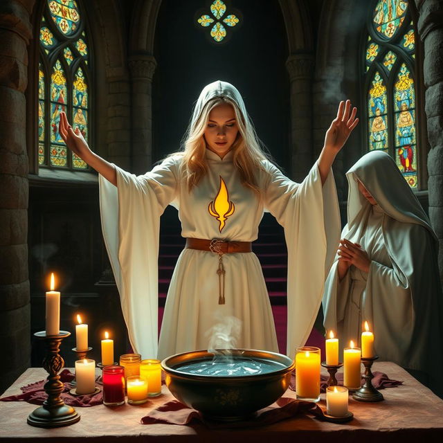 A female blonde priest, styled in a Dungeons and Dragons (DND) aesthetic, is within a medieval fantasy dimly lit church, gracefully casting a spell