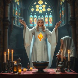 A female blonde priest, styled in a Dungeons and Dragons (DND) aesthetic, is within a medieval fantasy dimly lit church, gracefully casting a spell